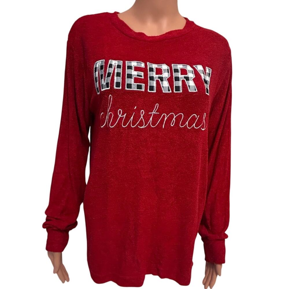 Royce Brand Merry Christmas soft Terry cloth buffalo check top  sz Medium